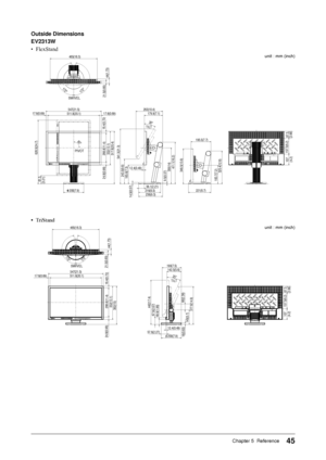 Page 45
Chapter 5  Reference

Outside	Dimensions
EV1W
• FlexStand
517.8(20.4)
81.5
628.5(24.7)
179.9(7.1)263(10.4)
30°
56.1(2.21)
14.5(0.57)
185.8(7.3)243.5(9.6)9.5(0.37)
355(14)411.1(16.2)
465(18.3)
346.5(13.6)
183.7(7.2)
325.4(12.8)
195.5(7.7)
541.3(21.3)
221(8.7)
SWIVEL
PIVOT
TILT
200(7.9)
90°
216(8.5)
172°172°
236(9.3)
288.8(11.4)
24.8(0.98)
332(13.1)
18.4(0.72)
547(21.5)511.8(20.1)17.6(0.69)17.6(0.69)
67.5
107
157.5(6.2)
(4.2)
(2.66)
21.5(0.85)
44(1.73)
12.4(0.49)
(3.21)
•...