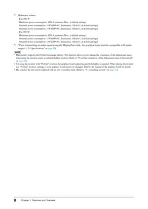 Page 8
8Chapter 1  Features and Overview

*1  Reference values: 
–  EV2313W 
Maximum power consumption: 30W (Luminance Max., at default settings)
Standard power consumption: 16W (100VAC, Luminance 120cd/m2, at default settings)
Standard power consumption: 16W (200VAC, Luminance 120cd/m2, at default settings)
– EV2333W 
Maximum power consumption: 42W (Luminance Max., at default settings)
Standard power consumption: 25W (100VAC, Luminance 120cd/m2, at default settings)
Standard power consumption: 24W (200VAC,...