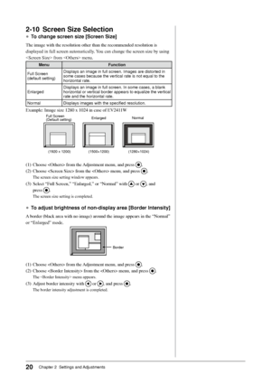 Page 22
20Chapter 2  Settings and Adjustments

2-10 Screen Size Selection
●	To change screen size [Screen Size]
The	image	with	the	resolution	other	than	the	recommended	resolution	is	
displayed	in	full	screen	automatically.	 You	can	change	the	screen	size	by	using	
	from		menu.
MenuFunction
Full Screen (default setting)
Displays an image in full screen. Images are distorted in some cases because the vertical rate is not equal to the horizontal rate.
EnlargedDisplays an image in full screen. In some cases, a...