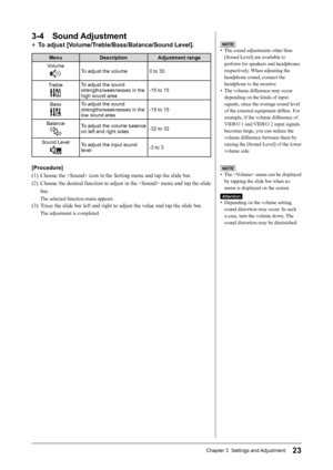 Page 25
23Chapter 3  Settings and Adjustment

NOTE
•  The sound adjustments other than 
[Sound Level] are available to 
perform for speakers and headphones 
respectively. When adjusting the 
headphone sound, connect the 
headphone to the monitor.
•  The volume difference may occur 
depending on the kinds of input 
signals, since the average sound level 
of the external equipment differs. For 
example, if the volume difference of 
VIDEO 1 and VIDEO 2 input signals 
becomes large, you can reduce the 
volume...