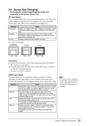 Page 29
27Chapter 3  Settings and Adjustment

3-6  Screen Size Changing
● To change the screen image/projected image size 
appearing on the screen [Screen Size]
[PC Input Signal]
If you set the resolution other than recommended resolution on the monitor, the 
monitor shows the image automatically enlarged on the whole screen. The 
 menu allows you to change the screen display size.
SettingsStatus
Full ScreenDisplays an image in full screen. Images are distorted in some cases because the vertical rate is not...