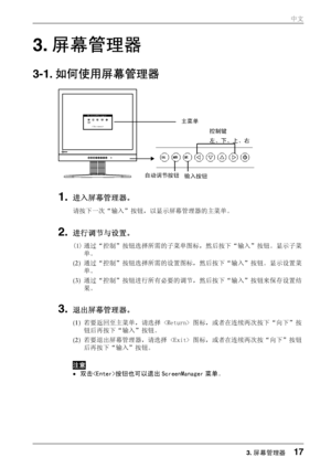 Page 173. 屏幕管理器 
3-1.  如何使用屏幕管理器  
 
1. 进入屏幕管理器。 
请按下一次“输入”按钮，以显示屏幕管理器的主菜单。  
2. 进行调节与设置。 
(1) 通过“控制”按钮选择所需的子菜单图标，然后按下“输入”按钮。显示子菜
单。 
(2)  通过“控制”按钮选择所需的设置图标，然后按下“输入”按钮。显示设置菜
单。 
(3)  通过“控制”按钮进行所有必要的调节，然后按下“输入”按钮来保存设置结
果。 
3. 退出屏幕管理器。  
(1) 若要返回至主菜单，请选择  图标，或者在连续两次按下“向下”按
钮后再按下“输入”按钮。  
(2)  若要退出屏幕管理器，请选择  图标，或者在连续两次按“向下”按钮
后再按下“输入”按钮。 
注意  
•  双击按钮也可以退出 ScreenManager 菜单。 
 
 
自动调节按钮 输入按钮 
主菜单 
控制键 
左、下、上、右 
 