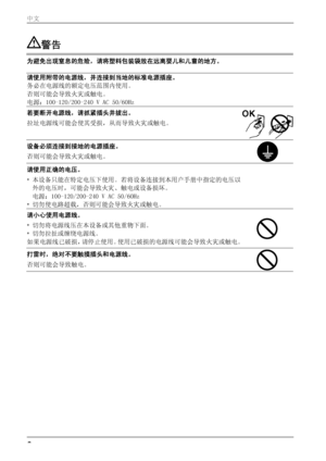 Page 6警告  
为避免出现窒息的危险，请将塑料包装袋放在远离婴儿和儿童的地方。   
 
请使用附带的电源线，并连接到当地的标准电源插座。 
务必在电源线的额定电压范围内使用。 
否则可能会导致火灾或触电。 
电源：100-120/200-240 V AC 50/60Hz  
 
若要断开电源线，请抓紧插头并拔出。 
拉址电源线可能会使其受损，从而导致火灾或触电。 OK
 
设备必须连接到接地的电源插座。 
否则可能会导致火灾或触电。 
 
请使用正确的电压。 
* 本设备只能在特定电压下使用。若将设备连接到本用户手册中指定的电压以
外的电压时，可能会导致火灾、触电或设备损坏。 
电源：100-120/200-240 V AC 50/60Hz 
* 切勿使电路超载，否则可能会导致火灾或触电。 
 
 
请小心使用电源线。 
* 切勿将电源线压在本设备或其他重物下面。 
* 切勿拉扯或缠绕电源线。 
如果电源线已破损，请停止使用。使用已破损的电源线可能会导致火灾或触电。   
打雷时，绝对不要触摸插头和电源线。 
否则可能会导致触电。...