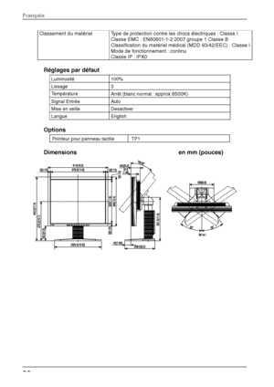 Page 34Classement du matériel Type de protection contre les chocs électriques : Classe I 
Classe EMC : EN60601-1-2:2007 groupe 1 Classe B 
Classification du matériel médica l (MDD 93/42/EEC) : Classe I 
Mode de fonctionnement : continu 
Classe IP : IPX0 
Réglages par défaut 
Luminosité 100% 
Lissage 3 
Température  Arrêt (blanc normal : approx 6500K) 
Signal Entrée  Auto 
Mise en veille  Desactiver 
Langue English 
Options 
Pointeur pour panneau tactile  TP1 
Dimensions     en mm (pouces) 
 
 
