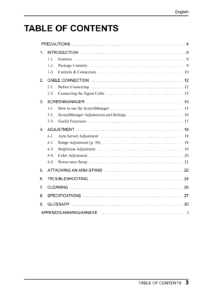 Page 3English
 TABLE OF CONTENTS3
TABLE OF CONTENTS
 PRECAUTIONS  . . . . . . . . . . . . . . . . . . . . . . . . . . . . . . . . . . . . . . . . . . . . . . . . . . .  4
1. INTRODUCTION  . . . . . . . . . . . . . . . . . . . . . . . . . . . . . . . . . . . . . . . . . . . . . . .  9
1-1. Features   . . . . . . . . . . . . . . . . . . . . . . . . . . . . . . . . . . . . . . . . . . . . . . . . . . . . . . .  9
1-2. Package Contents  . . . . . . . . . . . . . . . . . . . . . . . . . . . . . . . . . . . . . . ....