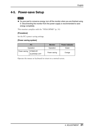 Page 21English
4. ADJUSTMENT21
4-5. Power-save Setup
NOTE
zDo your part to conserve energy, turn off the monitor when you are finished using 
it. Disconnecting the monitor from the power supply is recommended to save 
energy completely.
This monitor complies with the “VESA DPMS” (p. 31)
[Procedure]
Set the PC’s power saving settings.
[Power saving system] 
Operate the mouse or keyboard to return to a normal screen.
PCMonitorPower Indicator
Operation Operation Green
Power saving STAND-BY
SUSPEND OFFPower saving...