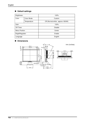 Page 28English
288. SPECIFICATIONS
„Default settings
„Dimensions
Brightness 100%
Color Color Mode Custom
Temperature Off (Normal white ; approx. 6500K)
Gain 100%
Off Timer Disable
Menu Position Center
BrightRegulator Enable
Language English
1(0.04)339.8(13.4)1(0.04)369(14.5)
14(0.55)314(12.4)14(0.55)
3.9(0.15)
272.2(10.7)
3.9(0.15)
385.2(15.2)
231.7(9.1)
192(7.6)42.9(1.69)
59.5(2.34)28.6(1.13)
64.5(2.54)
128(5.0)
78.2(3.08)85.2(3.35)
150(5.9)
305
232(9.1)
75.5(2.97)
17.4(0.69)
14.6(0.57)
mm (inches)
 