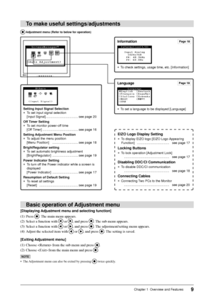 Page 11
9Chapter 1  Overview and Features
To make useful settings/adjustments
Setting Input Signal Selection
●  To set input signal selection [Input Signal] ………………………… see page 20
Off Timer Setting 
●  To set monitor power-off time  [Off Timer] …………………………… see page 16
Setting Adjustment Menu Position
●  To adjust the menu position  [Menu Position]  …………………… see page 18
BrightRegulator setting
●  To set automatic brightness adjustment [BrightRegulator]  …………………… see page 19
Power Indicator Setting
●  To turn off...