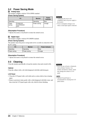 Page 26
24Chapter 5  Reference
5-2  Power Saving Mode
 Analog input
This monitor complies with the VESA DPMS standard.
[Power Saving System]
PC Monitor Power
Indicator
Operating Operating Blue
Power
saving STAND-BY
SUSPENDED 
OFF Power saving Orange
[Resumption Procedure]
•  Operate the mouse or keyboard to resume the normal screen.
 Digital input
This monitor complies with the DVI DMPM standard.
[Power Saving System]
The monitor enters the power saving mode in  ﬁ ve seconds in connection with
the PC setting....