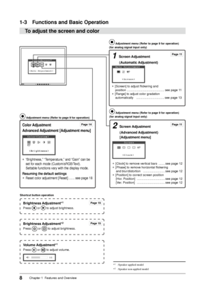 Page 10
8Chapter 1  Features and Overview

1-3 Functions and Basic Operation
To adjust the screen and color
1 Screen Adjustment  
(Automatic Adjustment)
● [Screen] to adjust flickering and  
position  ………………………………see page 11
●  [Range] to adjust color gradation  
automatically  ………………………see page 13
 Adjustment menu (Refer to page 9 for operation)
(for analog signal input only)
2 Screen Adjustment  
(Advanced Adjustment)  
[Adjustment menu]
● [Clock] to remove vertical bars  ……see page 12
● [Phase] to remove...