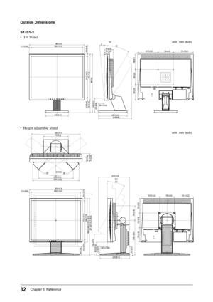 Page 3232Chapter 5  Reference
Outside	Dimensions
S1701-X
• Tilt Stand
382 (15)
(188 (7.4))
5°30°
(218 (8.6))
82 (3.23)
131.5 (5.2)131.5 (5.2)
100 (3.9)
100 (3.9)
11.6 (0.46)
13.9 (0.55)
13.9 (0.55)12.5 (0.49)
(36.5 (1.44))(94 (3.7))
TILT
300 (11.8)272.2 (10.7)
(150 (5.9))
339.8 (13.4)363 (14.3)
36 (1.42)59 (2.32)100 (3.9)
100 (3.9)
unit : mm (inch)
• Height adjustable Stand
11.6 (0.46)
13.9 (0.55)
13.9 (0.55)
TILT
(50.5 (1.99))
339.8 (13.4)363 (14.3)
272.2 (10.7)300 (11.8)
(205 (8.1))
100 (3.9)
100 (3.9)...