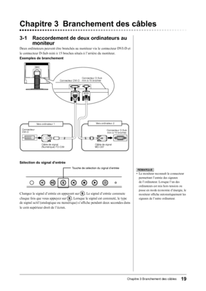Page 21
19Chapitre 3 Branchement des câbles

3-1 Raccordement de deux ordinateurs au 
moniteur
Deux ordinateurs peuvent être branchés au moniteur via le connecteur DVI-D et 
le connecteur D-Sub mini à 15 broches situés à l’arrière du moniteur .
Exemples de branchement
Chapitre 3 Branchement des câbles
Sélection du signal d’entrée
Touche de sélection du signal d’entrée
Changez le signal d’entrée en appuyant sur . Le signal d’entrée commute 
chaque fois que vous appuyez sur . Lorsque le signal est commuté, le...