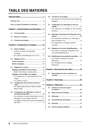 Page 8
TABLE DES MATIERES

TABLE DES MATIERES
PRECAUTIONS ......................................................1
Panneau LCD  .............................................................5
Pour un confort d’utilisation du moniteur  ...............5
Chapitre 1  Caractéristiques et présentation  ......7
1-1  Fonctionnalités  ................................................7
1-2  Boutons et voyants  .........................................
7
1-3  Fonctions principales...