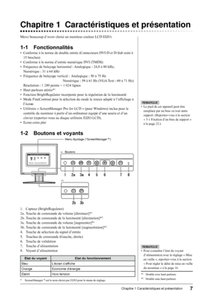 Page 9
7Chapitre 1 Caractéristiques et présentation

Chapitre 1 Caractéristiques et présentation
Merci beaucoup d’avoir choisi un moniteur couleur LCD EIZO.
1-1 Fonctionnalités
• Conforme à la norme de double entrée (Connecteurs DVI-D et D-Sub mini à 
15 broches)
•  Conforme à la norme d’entrée numérique DVI (TMDS)
•  Fréquence de balayage horizontal : Analogique : 24,8 à 80 kHz, 
 
Numérique : 31 à 64 kHz
•  Fréquence de balayage vertical :   Analogique : 50 à 75 Hz
      Numérique : 59 à 61 Hz (VGA Text : 69...