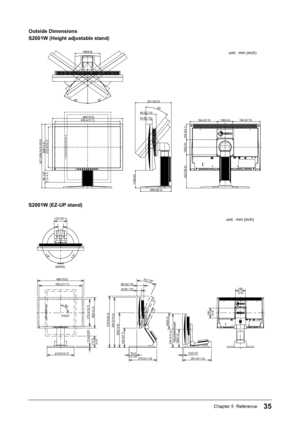 Page 37
35Chapter 5  Reference

Outside Dimensions 
S2001W (Height adjustable stand)
69.5(2.74)
435.4(17.1)
272.9(10.7)
309(12.2)
469(18.5)
427~509(16.8~20.0)
43.8(1.72)
208.5(8.2)
100(3.9)
100(3.9)
40°
168(6.6)
35°35°
38~120
(1.5~4.7)222.5(8.8)
104.5(4.1)
184.5(7.3)184.5(7.3)
241.5(9.5)
118(4.6)
unit : mm (inch)
S2001W (EZ-UP stand)
435.4(17.1)469(18.5)
272.9(10.7)
309(12.2)
43.8(1.72)69.5(2.74)TILT25°
PIVOT
SWIVEL
φ272(10.7)
90°
13.4(0.53)
172°172°
100
100
279.9(11.0)
129.3(5.1)
115.5339.5(13.4)
185(7.3)...