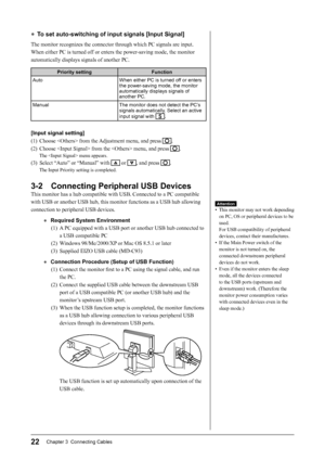 Page 24
22Chapter 3  Connecting Cables
● To set auto-switching of input signals [Input Signal]
The monitor recognizes the connector through which PC signals are input.\
When either PC is turned off or enters the power-saving mode, the monitor 
automatically displays signals of another PC.
Priority setting Function
Auto When either PC is turned off or enters  the power-saving mode, the monitor 
automatically displays signals of 
another PC.
Manual The monitor does not detect the PC’s  signals automatically....