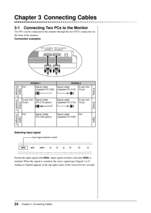 Page 26
24Chapter 3  Connecting Cables
3-1  Connecting Two PCs to the Monitor
Two PCs can be connected to the monitor through the two DVI-I connectors \
on 
the back of the monitor.
Connection examples
DVI-I connector (SIGNAL1) DVI-I connector 
(SIGNAL2)
SIGNAL1 SIGNAL2Example 1DigitalDVI Signal cable 
(supplied FD-C39)Signal cable 
(supplied FD-C16)D-sub mini 
15-pinAnalog
Example 2Analog
D-sub mini 
15-pin
Signal cable 
(FD-C16 option)Signal cable 
(supplied FD-C16)D-sub mini 
15-pinAnalog
Example 3Digital...