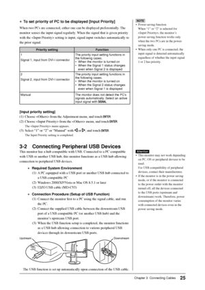 Page 27
25Chapter 3  Connecting Cables
NOTE
• Power-saving functionWhen “1” or “2” is selected for 
, the monitor’s 
power-saving function works only 
when the two PCs are in the power-
saving mode.  
•  When only one PC is connected, the  input signal is detected automatically 
regardless of whether the input signal 
1 or 2 has priority.● To set priority of PC to be displayed [Input Priority]
When two PCs are connected, either one can be displayed preferentially. The 
monitor senses the input signal regularly....