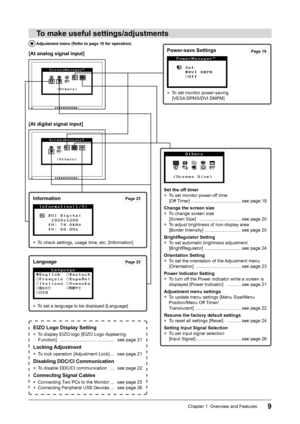 Page 11
9Chapter 1  Overview and Features

Information
● To check settings, usage time, etc. [Information]
Page 23
To make useful settings/adjustments
Power-save Settings
●  To set monitor power-saving  
[VESA DPMS/DVI DMPM]
Page 19
 Adjustment menu (Refer to page 10 for operation)
[At analog signal input]
[At digital signal input]
Set the off timer
●  To set monitor power-off time  
[Off Timer] ……………………………
see page 18
Change the screen size
●  To change screen size  
[Screen Size]  ………………………see page 20
●  To...