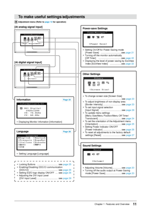 Page 11
11Chapter 1  Features and Overview

Information
● Displaying Monitor Infomation [Information]
To	make	useful	settings/adjustments
Power-save	Settings
● Setting On/Off for Power Saving mode  
[Power Save]   ………………………see page 21
● Turning off the monitor automatically  
[Off Timer]   …………………………see page 22
● Displaying the level of power saving by EcoView 
Index [EcoView Index]  ……………see page 22
	Adjustment	menu	(Refer	to	page	1	for	operation)
[At	analog	signal	input]
[At	digital	signal	input]
Other...