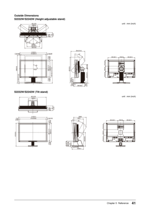 Page 41
1Chapter 5  Reference

Outside	Dimensions	
SW/SW	(Height	adjustable	stand)
unit : mm (inch)
53.8(2.12)85(3.35)
475.8(18.7)17.6(0.69)17.6(0.69)511(20.1)
17.45(0.69)
298.1(11.7)333(13.1)
100(3.9)
100(3.9)
205.5(8.1)205.5(8.1)
116.5(4.6)
116.5(4.6)
168(6.6)
35°35°
240.5(9.5)325(12.8)
528(20.8)
272.5(10.7)
82(3.23)
208.5(8.2)20(0.79)
106(4.2)
264.5(10.4)
40°
481.5(19)
439～521(17.3
～20.5)
90°
491(19.3)
8(0.31)
14.6(0.57)
PIVOT
SWIVEL
17.45(0.69)17～99(0.67
～3.9)...