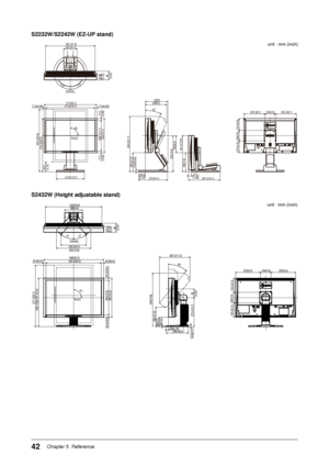 Page 42
Chapter 5  Reference

SW/SW	(EZ-UP	stand)
unit : mm (inch)
53.8  (2.12)85(3.35)
298.1(11.7)333(13.1)
17.5(0.69)
17.6(0.69)511(20.1)475.8(18.7)17.6(0.69)
100(3.9)
100(3.9)
205.5(8.1)205.5(8.1)
116.5(4.6)
116.5(4.6)
φ272(10.7)
129.3(5.1)
172°172°
605.5(23.8)516.5(20.3)
25°
(208.5)(220)
536.5(21.1)
183.5(7.2)
64.3(2.53)279.9(11)
13.4(0.53)185(7.3)
351.5(13.8)
350(13.8)
165(6.5)
27.5(1.08)307.5(12.1)
481.5(1.9)
94.5(3.72)
90°
17.5(0.69)
SWIVEL
PIVOT...