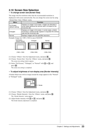 Page 23
Chapter 2  Settings and Adjustments

-10	 Screen	Size	Selection
●	To	change	screen	size	[Screen	Size]
The image with the resolution other than the recommended resolution is 
displayed in full screen automatically. You can change the screen size by using 
 from  menu.
MenuFunction
Full Screen (default setting)
Displays an image in full screen. Images are distorted in some cases because the vertical rate is not equal to the horizontal rate.
EnlargedDisplays an image in full screen. In some...