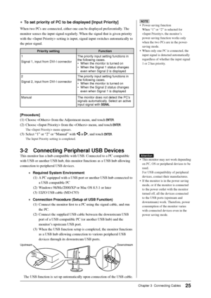 Page 27
25Chapter 3  Connecting Cables
NOTE
• Power-saving functionWhen “1” or “2” is selected for 
, the monitor’s 
power-saving function works only 
when the two PCs are in the power-
saving mode.  
•  When only one PC is connected, the  input signal is detected automatically 
regardless of whether the input signal 
1 or 2 has priority.● To set priority of PC to be displayed [Input Priority]
When two PCs are connected, either one can be displayed preferentially. The 
monitor senses the input signal regularly....