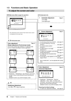 Page 10
8Chapter 1  Features and Overview
1-3  Functions and Basic Operation
To adjust the screen and color
1 Automatic AdjustmentTouch 
.
Touch 
 again.
•  The Adjustment menu and the FineContrast menu cannot  be displayed at the same time.
Color adjustment
Simple adjustment [FineContrast mode]
This function allows easy selection of a desired mode 
from six modes according to monitor application.
●  “Brightness,” “Temperature,” and “Gamma” can be set for each mode (Custom/Movie/Picture/Text/External/
sRGB)....