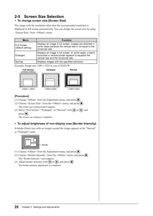 Page 22
20Chapter 2  Settings and Adjustments

2-5  Screen Size Selection
● To change screen size [Screen Size]
The image with the resolution other than the recommended resolution is 
displayed in full screen automatically. You can change the screen size by using 
 from  menu.
MenuFunction
Full Screen (default setting)
Displays an image in full screen. Images are distorted in some cases because the vertical rate is not equal to the horizontal rate.
EnlargedDisplays an image in full screen. In some cases, a...