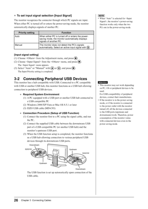 Page 28
26Chapter 3  Connecting Cables

● To set input signal selection [Input Signal]
The monitor recognizes the connector through which PC signals are input.
When either PC is turned off or enters the power-saving mode, the monitor 
automatically displays signals of another PC.
Priority settingFunction
AutoWhen either PC is turned off or enters the power-saving mode, the monitor automatically displays signals of another PC.
ManualThe monitor does not detect the PC’s signals 
automatically. Select an active...