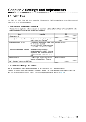 Page 1313Chapter 2  Settings and Adjustments
2-1 Utility Disk
An “EIZO LCD Utility Disk” (CD-ROM) is supplied with the monitor. The following table shows the disk contents and
the overview of the software programs.
●	 Disk contents and software overview
 The disk includes application s oftware programs for adjustment, and User’s Manual. Refer to “Readme. txt” file on the 
disk for software startup procedures or file access procedures.
Item Overview OS
A
	“Readme.txt”	file
Screen
	adjustment	pattern	files Used...