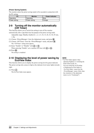 Page 2222Chapter 2  Settings and Adjustments
[Power Saving System]
The monitor enters the power saving mode in five seconds in connection with 
the PC setting.
PCMonitorPower Indicator
Operating OperatingBlue
Power saving Power savingOrange
2-9 Turning off the monitor automatically 
[Off T
imer]
This function allows you to switch the setting to turn off the monitor 
automatically after a specified time has passed at the power saving mode.
 Adjustable range: Disable, E

nable (0, 1, 2, 3, 5, 10, 15, 20, 25, 30,...