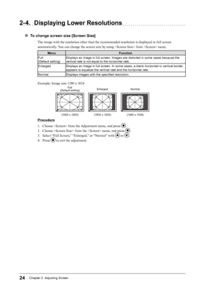 Page 2424Chapter 2  Adjusting Screen
2- 4. Displaying Lower Resolutions
● To change screen size [Screen Size]
The image with the resolution other than the recommended resolution is displayed in full screen 
automatically. You can change the screen size by using  from  menu.
Menu Function
Full  
(Default setting) Displays an image in full screen. Images are distorted in some cases because the 
vertical rate is not equal to the horizontal rate.
Enlarged Displays an image in full screen. In some cases, a blank...