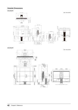 Page 4242Chapter 6  Reference
Outside Dimensions
SX2262W
PIVOT
SWIVEL
355 (13.00)
36.2 (1.43)
172°
172°
53.8 (2.12)85 (3.35)
333 (13.01)
298.1 (11.07)
17.45 (0.69)
511 (20.01)17.6 (0.69)
521.5 (20.05)
17.45 (0.69)
φ220 (7.9)
90°
475.8 (18.07)
188.5 (7.04)
235.5 (9.03)
256 (10.01)
9.5 (0.37)
411.1 (16.02)
30°
324.1 (12.08)
181 (7.01)
240.5 (9.05)
347.5 (13.07)
235 (9.03)
100 (3.09)
100 (3.09)
205.5 (8.01) 205.5 (8.01)116.5 (4.06)
116.5 (4.06)
610.5 (24.00)
99.5 (3.92)
564.2 (22.02)
249 (9.08)
285 (11.02)
481.5...