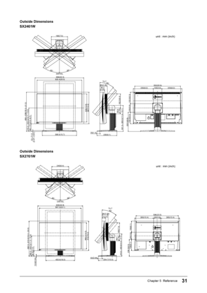 Page 33
31Chapter 5  Reference

Outside Dimensions 
SX2461W
566(22.3)520.4(20.5)
85(3.35)56.3(2.22)
456~538(18.0~21.2)
35°35°
100(3.9)233(9.2)233(9.2)
133.5(5.3)
100(3.9)
40°
222.5(8.8)
12~71.5
(0.47~2.81)
190(7.5)
162.5(6.4)
230(9.1)398.5(15.7)
89~171(3.5~6.7)
367(14.4)
326(12.8)
272.5~354.5(10.7~14.0)
301.5~383.5(11.9~15.1)
33(1.3)
532(20.9)
133.5(5.3)69.8(2.75)
SWIVEL
TILT
unit : mm (inch)
Outside Dimensions
SX2761W
630(24.8)587.2(23.1)
369.2(14.5)
412(16.2)
286.5~404.5(11.3~15.9)
492.5~610.5(19.4~24.0)...