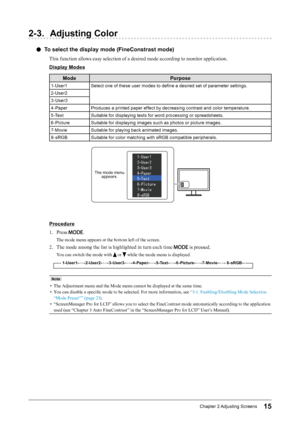 Page 1515Chapter﻿2﻿Adjusting﻿ Screens
2-3. Adjusting Color
 ●To select the display mode (FineConstrast mode)
This function allows easy selection of a desired mode according to monitor application.
Display Modes
Mode Purpose
1-User1Select ﻿ one ﻿ of ﻿ these ﻿ user ﻿ modes ﻿ to ﻿ define ﻿ a ﻿ desired ﻿ set ﻿ of ﻿ parameter ﻿ settings.
2-User2
3-User3
4-Paper Produces
﻿ a ﻿ printed ﻿ paper ﻿ effect ﻿ by ﻿ decreasing ﻿ contrast ﻿ and ﻿ color ﻿ temperature.
5 -Text Suitable
﻿ for ﻿ displaying ﻿ texts ﻿ for ﻿ word ﻿...