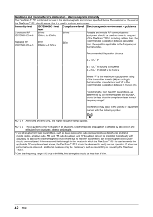 Page 4242附录
Gu\bdance and manufacturer’s declarat\bon - electromagnet\bc \bmmun\bty
The FlexScan T1751 is intended \ff\fr use in the elect\fr\fma\bnetic envir\fnment speci ed bel\fw. The cust\fmer \fr the \fuser \ff 
the FlexScan T1751 sh\fuld assure \fthat it is used in \fsuch an envir\fnment.
Immun\bty test IEC/EN60601 test level Compl\bance level Electromagnet\bc env\bronment - gu\bdance
C\fnducted RF
IEC/EN61000-4-6
Radiated RF
IEC/EN61000-4-3 3Vrms
150kHz t\f 80MHz
3V/m
80MHz t\f 2.5GHz 3Vrms
3V/m...