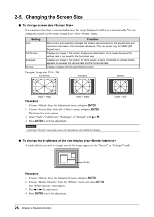 Page 2626Chapter﻿2﻿Adjusting﻿ Screens
2-5. Changing the Screen Size
 ●To change screen size 
If a resolution other than recommended is used, the image displayed in full screen automatically. You can 
change the screen size by using  from  menu.
Setting Function
AutoThe ﻿ monitor ﻿ automatically ﻿ changes ﻿ the ﻿ screen ﻿ size ﻿ according ﻿ to ﻿ the ﻿ aspect ﻿ ratio ﻿ and ﻿
r

esolution ﻿ information ﻿ from ﻿ the ﻿ external ﻿ device. ﻿ This ﻿ can ﻿ be ﻿ set ﻿ only ﻿ for ﻿ HDMI ﻿ (SD ﻿
S

ignal) ﻿ input.
Full
﻿...