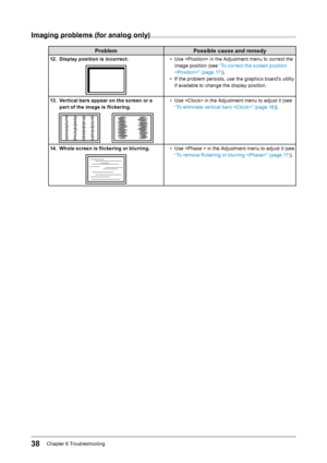 Page 3838Chapter﻿6﻿Troubleshooting
Imaging problems (for analog only)
Problem Possible cause and remedy
12. Display position is incorrect.•﻿Use﻿  ﻿ in ﻿ the ﻿ Adjustment ﻿ menu ﻿ to ﻿ correct ﻿ the ﻿
i

mage ﻿ position ﻿ (see ﻿ “To ﻿ correct ﻿ the ﻿ screen ﻿ position ﻿
<

Position>” ﻿ (page ﻿ 17)).
•
﻿
I
 f ﻿ the ﻿ problem ﻿ persists, ﻿ use ﻿ the ﻿ graphics ﻿ board’s ﻿ utility ﻿
i

f ﻿ available ﻿ to ﻿ change ﻿ the ﻿ display ﻿ position.
13.
 
V

ertical bars appear on the screen or a 
part of the image is...