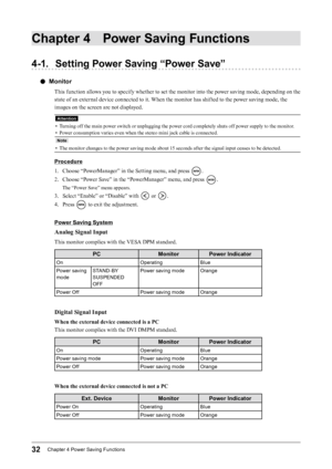 Page 3232Chapter﻿4﻿Power﻿Saving﻿Functions
Chapter 4 Power Saving Functions
4-1. Setting Power Saving “Power Save”
 ●Monitor
This function allows you to specify whether to set the monitor into the power saving mode, depending on the 
state of an external device connected to it. When the monitor has shifted to the power saving mode, the 
images on the screen are not displayed.
Attention
• Turning off the main power switch or unplugging the power cord completely shuts off power supply to the monitor.
•
 
P
 ower...