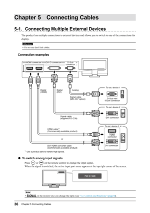 Page 3636Chapter﻿5﻿Connecting﻿Cables
Chapter 5 Connecting Cables
5-1. Connecting Multiple External Devices
The product has multiple connections to external devices and allows you to switch to one of the connections for 
display.
Attention
• Do not use dual link cables.
Connection examples
DVI-HDMI﻿converter﻿cable
( Commercially ﻿ available ﻿ product) D-Sub
﻿ mini﻿
15 -pin ﻿ connector
DVI ﻿ connector
Signal ﻿ cable
(supplied ﻿ FD-C39)
Signal ﻿ cable
(MD-C87 ﻿ option)
HDMI ﻿ cable
*1...