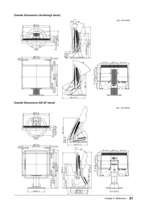 Page 3331Chapter 5  Reference
Outside Dimensions (ArcSwing2 stand)
152.5(6.0)100(3.9)152.5(6.0)
100(3.9)
117(4.6)
131.8(5.2)
65.1(2.56)
117(4.6)
φ200(7.9)
172°172°
SWIVEL
61.5(2.42)
370(14.6)374(14.7)
334(13.1)303(11.9)
1(0.04)
1(0.04)
15.5
(0.61)
15.5
(0.61)
13.3
(0.52)405(15.9)378.4(14.9)1(0.04)13.3(0.52)1(0.04)
288 ~423.5(11.3
~16.7)
38.5(1.52)
36.1(1.42)
66(2.6)89(3.5)
432(17.0)
16°
347(13.7)
233~256(9.2
~10.1)
5°25°TILT
309.3(12.2)
60°
289(11.4)
unit : mm (inch)
Outside Dimensions (EZ-UP stand)...