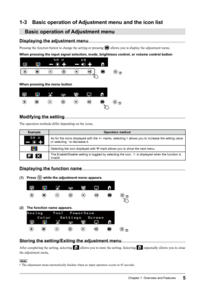 Page 75Chapter 1  Overview and Features
1-3 Basic operation of Adjustment menu and the icon list
Basic operation of Adjustment menu
Displaying the adjustment menu
Pressing	the	function	button	to	change	the	setting	or	pressing		allows	you	to	display	the	adjustment	menu.
When pressing the input signal selection, mode, brightness control, or v\
olume control button
When pressing the menu button
Modifying the setting
The	operation	methods	differ	depending	on	the	icons.
Example Operation method
As for the icons...