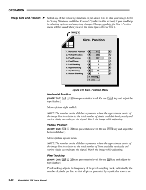 Page 4923(5$7,21
9LVWD*5$3+;#43.#8VHU*V#0DQXDO6055
Select any of the following slidebars or pull-down lists to alter your image. Refer
to Using Slidebars and Other Controls (earlier in this section) if you need help
in selecting options and accepting changes. Changes made to the Size / Position
menu will be saved when you exit the menu (press 
([L W or 0HQX ).
)LJXUH#60