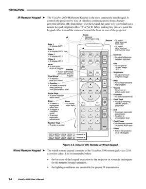 Page 25OPERATION
VistaPro 2000 Users Manual3-4
The VistaPro 2000 IR Remote Keypad is the most commonly used keypad. It
controls the projector by way of  wireless communications from a battery-
powered infrared (IR) transmitter. Use the keypad the same way you would use a
remote keypad supplied with a TV or VCR. When making key presses, point the
keypad either toward the screen or toward the front or rear of the projector.
Figure 3-3. Infrared (IR) Remote or Wired Keypad
The wired remote keypad connects to the...