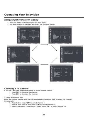 Page 1312
Operating Your Television
Navigating the Onscreen Display
’Press the MENU button to display the main menu.
’Use  buttons to navigate and select the available menus.
Choosing a TV Channel
1. Use the CH+/CH- on the front panel or on the remote control.
’Press
CH+to increase the channel.
’Press
CH-to decrease the channel. 
2. Using 
0-9remote keys.
Enter the channel number with the 0-9 remote keys, then press “
OK” to select the channel.
For example:
1. Press 4, then press “
OK” to select channel 4.
2....