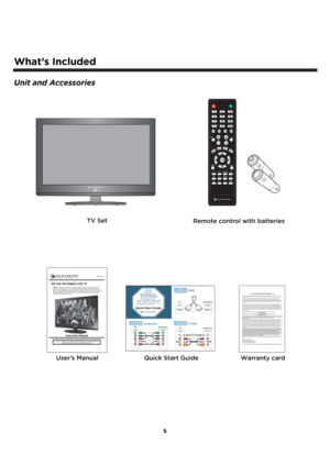 Page 65
What’s Included
Unit and Accessories
Remote control with batteriesTV Set
User’s Manual Quick Start Guide Warranty card
55 Full HD Digital LCD TV
Instruction ManualRead all of the instructions before using this TV and keep the 
manual in a safe place for future reference.
ELDFC551J
JBL  sound is found everywhere – from top recording studios and concert venues to 
millions of homes and cars. The worldwide authority in audio reproduction for more 
than 60 years, JBL engineers have acoustically tuned the...