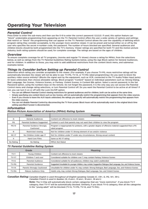 Page 1817
Operating Your Television
Parental ControlPress Enter to enter the sub-menu and then use the 0-9 to enter the correct password:0,0,0,0. If used, this option feature can 
“block” undesirable programming from appearing on the TV. Parental Control offers the user a wide variety of options and settings 
that restrict or “block” the programming that can appear on the TV. Parental Control allows the user the capability of defining which 
program rating they consider acceptable, to the younger more sensitive...