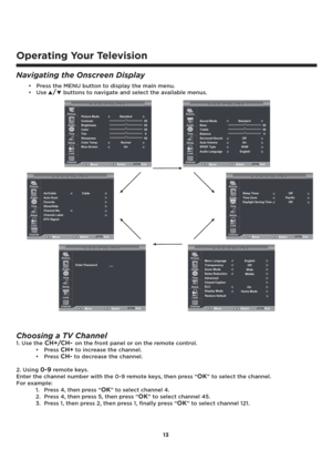 Page 1413
Operating Your Television
Navigating the Onscreen Display
’Press the MENU button to display the main menu.
’Use  buttons to navigate and select the available menus.
Choosing a TV Channel
1. Use the CH+/CH- on the front panel or on the remote control.
’Press
CH+to increase the channel.
’Press
CH-to decrease the channel. 
2. Using 
0-9remote keys.
Enter the channel number with the 0-9 remote keys, then press “
OK” to select the channel.
For example:
1. Press 4, then press “
OK” to select channel 4.
2....